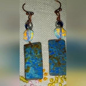 Gorgeous handcrafted embossed patina copper and opalite earrings